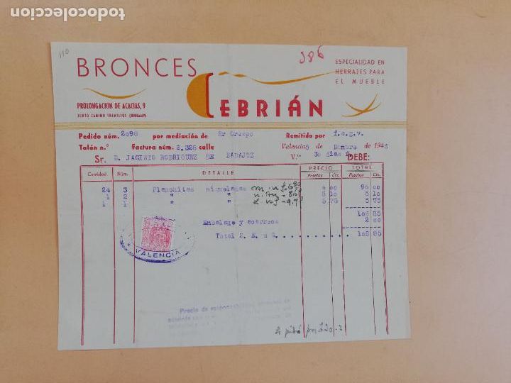 Factures anciennes: FACTURA. BRONCES. ESPECIALIDAD EN HERRAJES. CEBRIAN. VALENCIA, 1946.