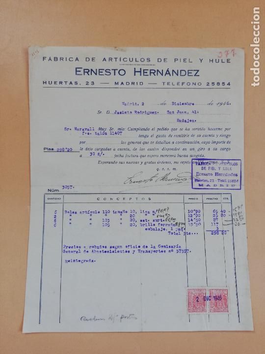Factures anciennes: FACTURA. FABRICA DE ARTICULOS DE PIEL Y HULE. ERNESTO HERNANDEZ. MADRID, 1946.