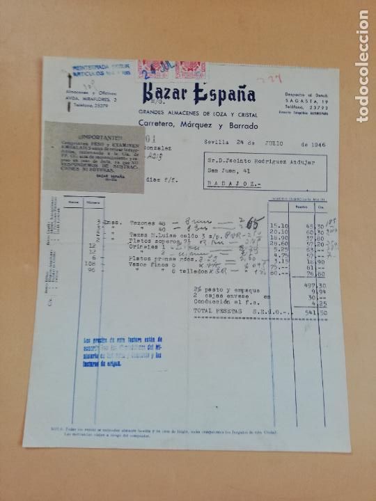 Factures anciennes: FACTURA. GRANDES ALMACENES DE LOZA Y CRISTAL. BAZAR ESPA&Ntilde;A. CARRETERO, MARQUEZ Y B. SEVILLA, 1946.