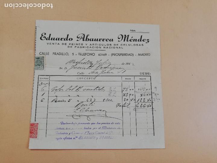 Factures anciennes: FACTURA. VENTA DE PEINES Y ARTICULOS DE CELULOSAS. EDUARDO ALBAURREA MENDEZ. MADRID, 1942.