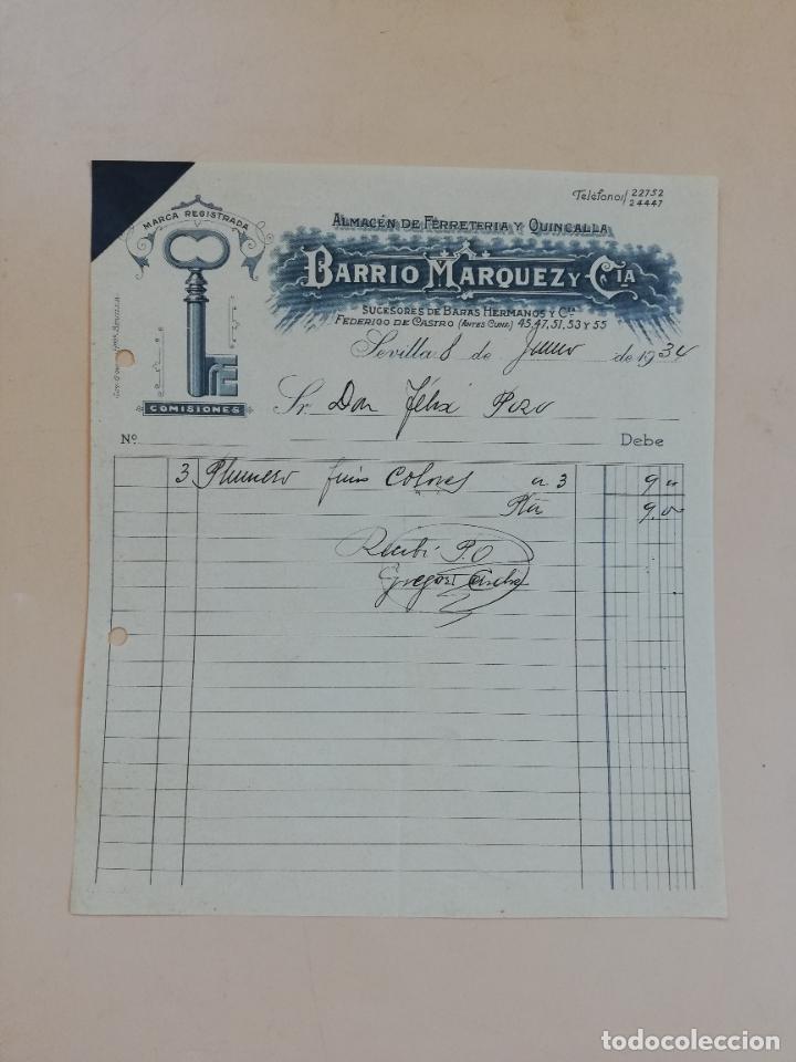 Factures anciennes: FACTURA. ALMACEN DE FERRETERIA Y QUINCALLA. BARRIO MARQUEZ Y CIA. SEVILLA, 1934.