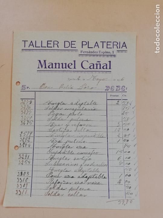 Factures anciennes: FACTURA. TALLER DE PLATERIA. MANUEL CA&Ntilde;AL. SEVILLA, 1936.