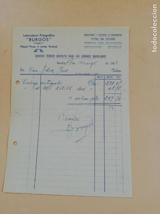 Factures anciennes: FACTURA. LABORATORIO FOTOGRAFICO, BURGOS. SEVILLA, 1936.