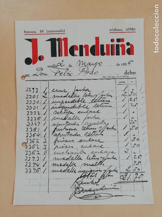 Factures anciennes: FACTURA. J. MENDUI&Ntilde;A. SEVILLA, 1936.