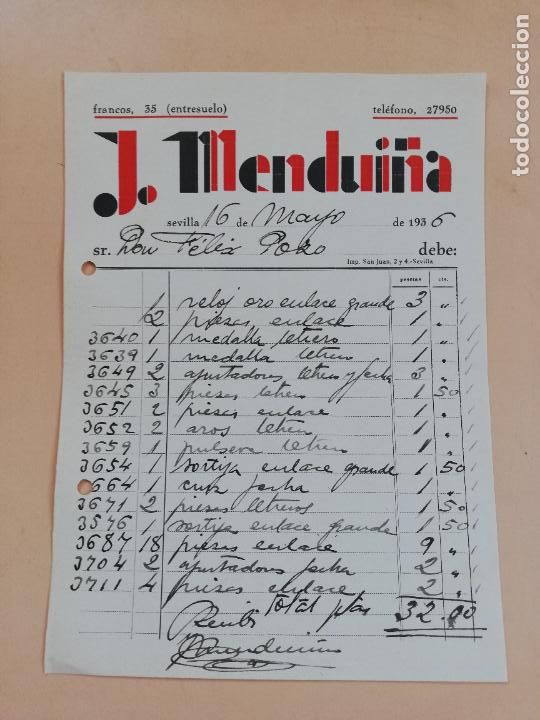 Factures anciennes: FACTURA. J. MENDUI&Ntilde;A. SEVILLA, 1936.