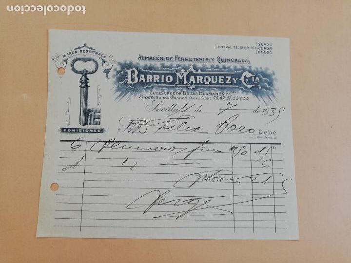 Factures anciennes: FACTURA. ALMACEN DE FERRETERIA Y QUINCALLA. BARRIO MARQUEZ Y CIA. SEVILLA, 1935.