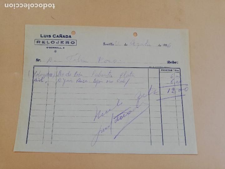 Factures anciennes: FACTURA. RELOJERO. LUIS CA&Ntilde;ADA. SEVILLA, 1936.