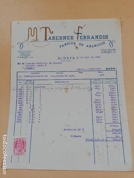 Factures anciennes: FACTURA. FABRICA DE ABANICOS. M. TABERNER FERRANDIS. ALDAYA, VALENCIA, 1956.