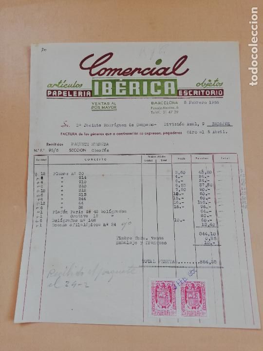 Factures anciennes: FACTURA. ARTICULOS PAPELERIA ESCRITORIO. COMERCIAL IBERICA. BARCELONA, 1956.