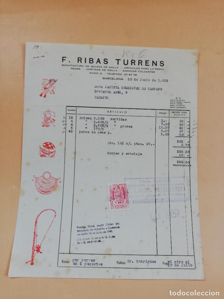 Factures anciennes: FACTURA. MANUFACTURA DE BOLSAS DE MALLA. F. RIBAS TURRENS. BARCELONA, 1956.
