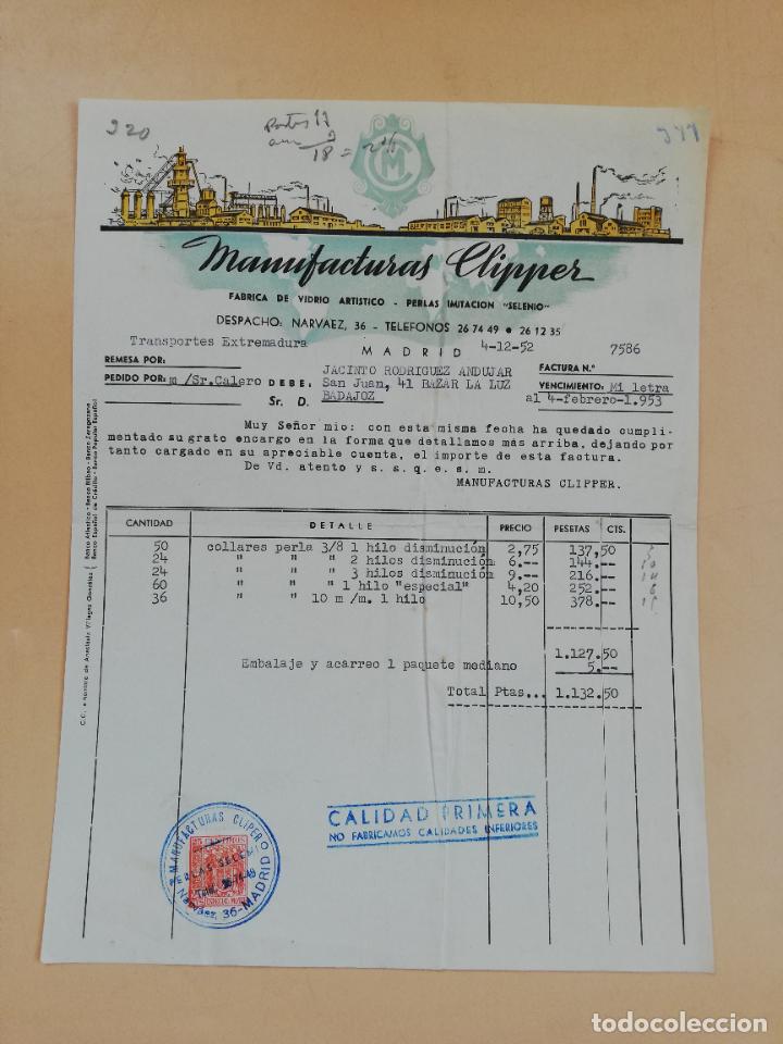 Factures anciennes: FACTURA. FABRICA DE VIDRIO ARTISTICO. MANUFACTURAS CLIPPER. MADRID, 1952.