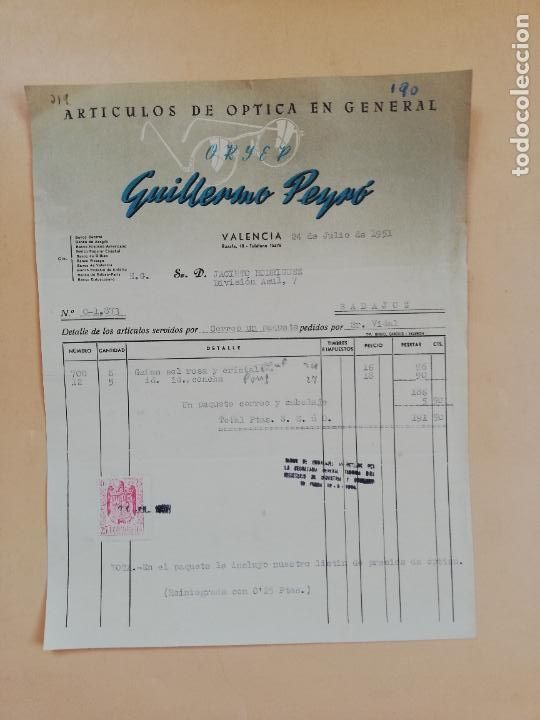 Factures anciennes: FACTURA. ARTICULOS DE OPTICA EN GENERAL. GUILLERMO PEYRO. VALENCIA, 1951.