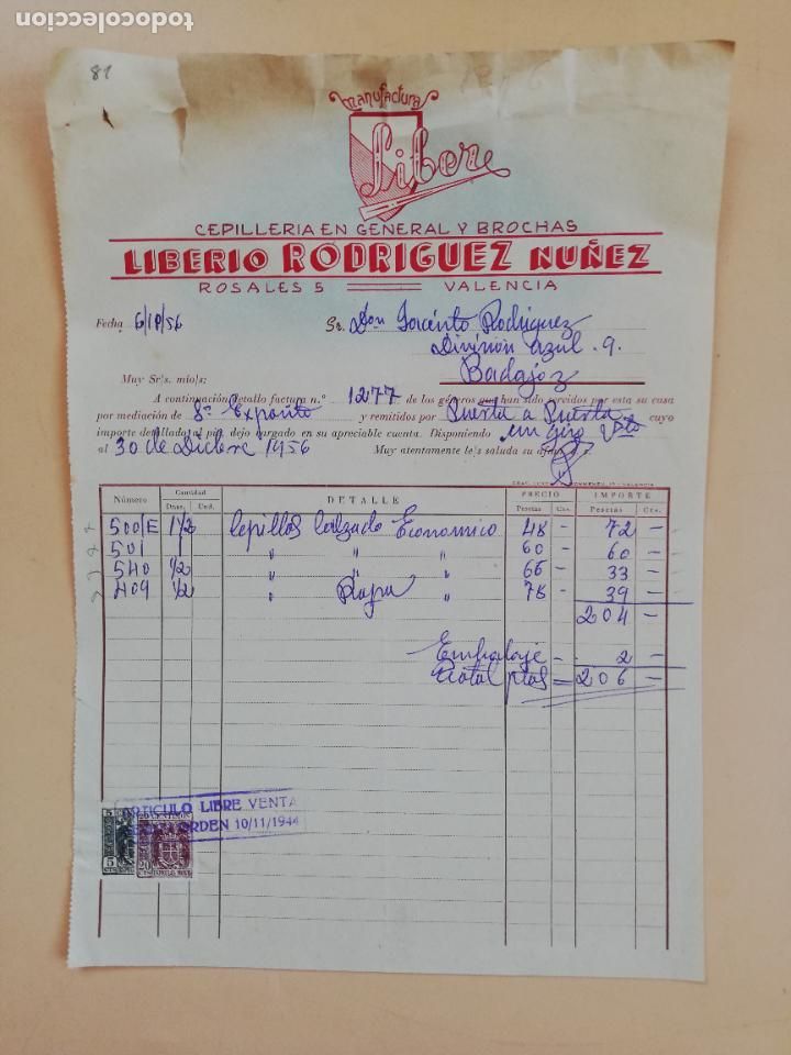 Factures anciennes: FACTURA. CEPILLERIA EN GENERAL Y BROCHAS. LIBRERIO RODRIGUEZ NU&Ntilde;EZ. VALENCIA, 1956.