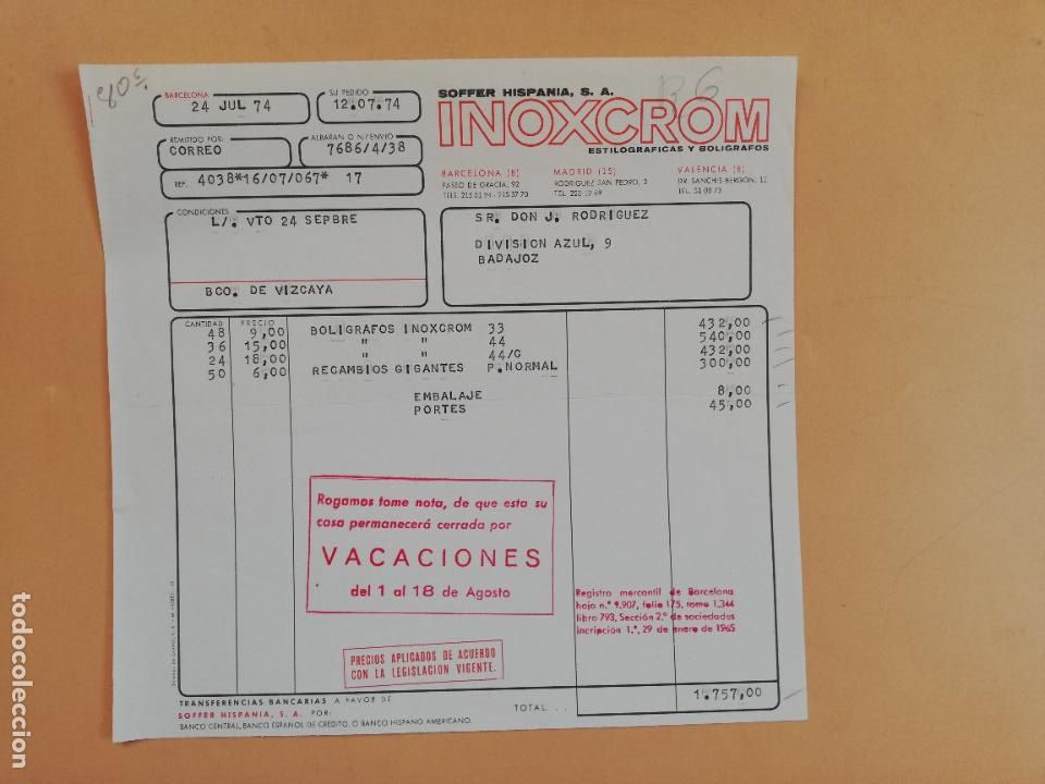 Factures anciennes: FACTURA. ESTILOGRAFICAS-BOLIGRAFOS INOXCROM. SOFFER HISPANIA, S.A. BARCELONA, 1974.