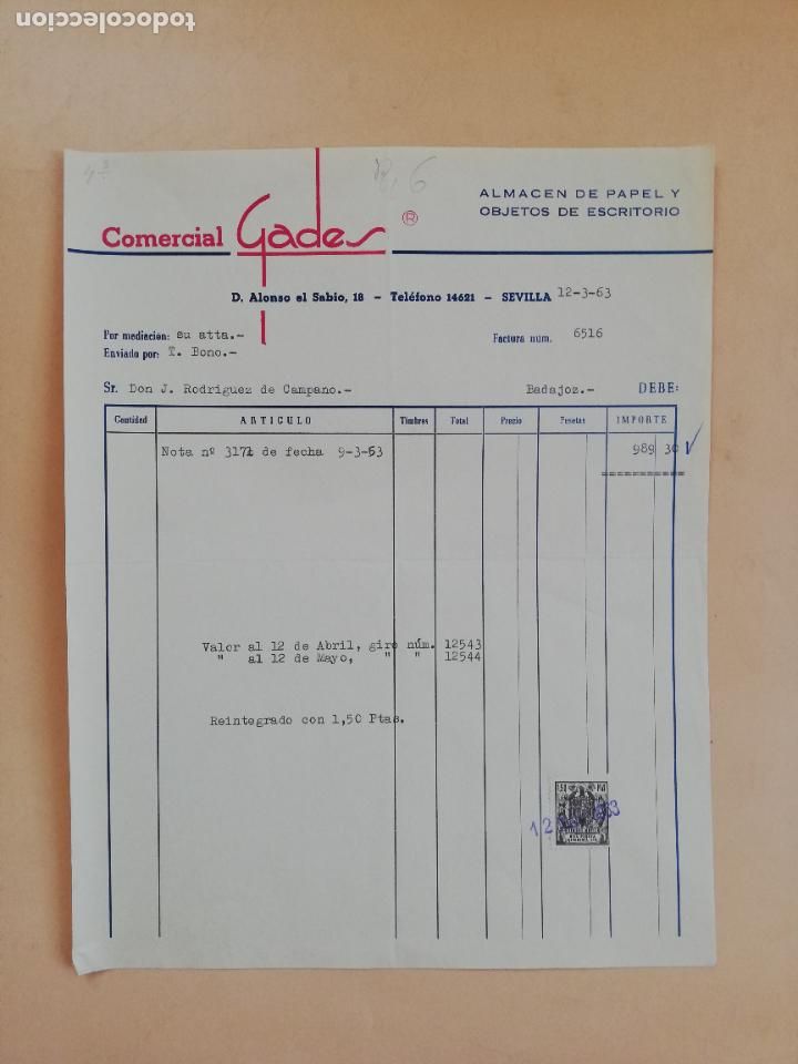Factures anciennes: FACTURA. ALMACEN DE PAPEL Y OBJETOS DE ESCRITORIO. COMERCIAL GADES. SEVILLA. 1963.