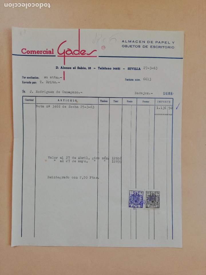 Factures anciennes: FACTURA. ALMACEN DE PAPEL Y OBJETOS DE ESCRITORIO. COMERCIAL GADES. SEVILLA. 1963.