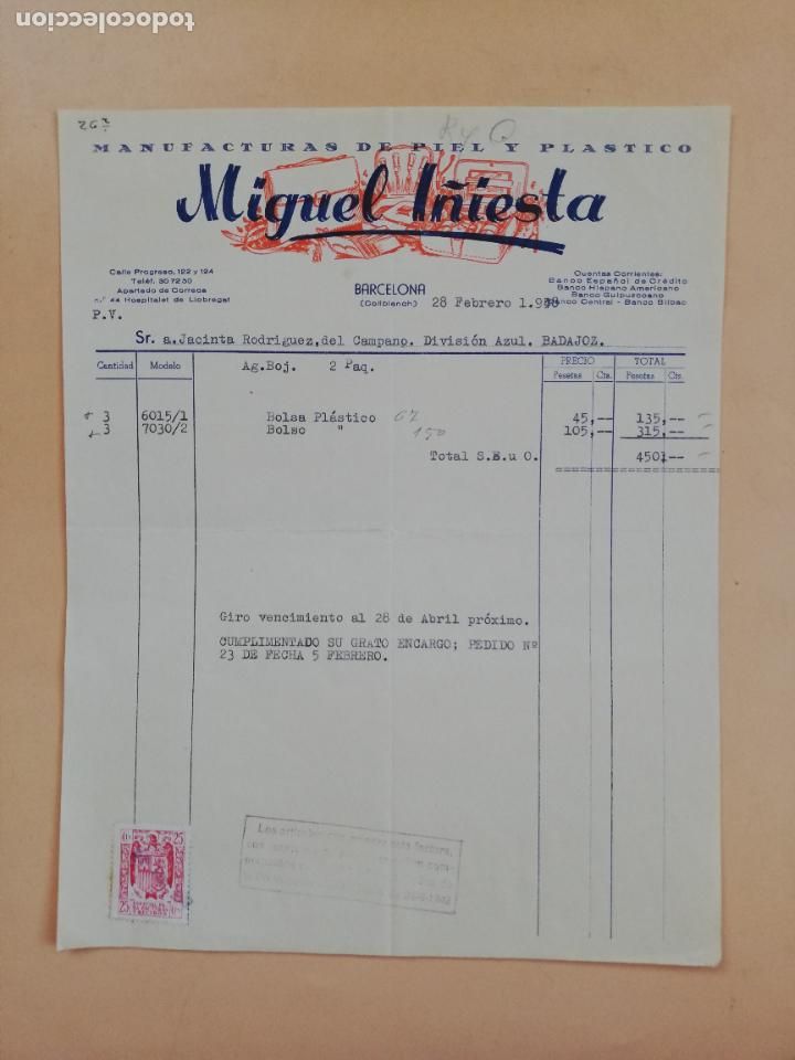 Factures anciennes: FACTURA. MANUFACTURAS DE PIEL Y PLASTICO. MIGUEL I&Ntilde;IESTA. BARCELONA ,1958.