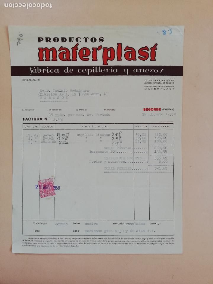 Factures anciennes: FACTURA. FABRICA DE CEPILLERIA Y ANEXOS. PRODUCTOS MATERPLAST. SEGORBE, CASTELLON. 1950.