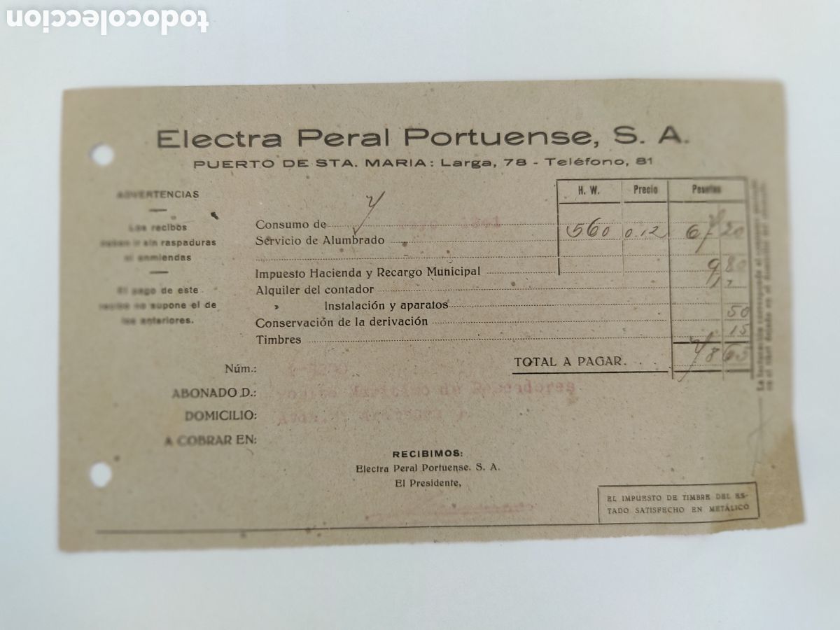 Facturas antiguas: factura Electra peral portuense a&ntilde;o 1941 - Foto 1
