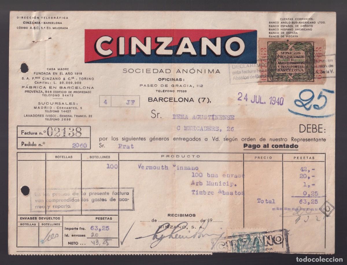 Facturas antiguas: Barcelona. *Cinzano* Fecha 1940. - Foto 1