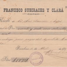 Facturas antiguas: RECIBO COMERCIAL DE FRANCISCO SUBIRACHS Y CLARÁ EN BARCELONA - 1896
