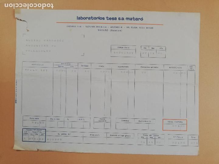 Facturas antiguas: FACTURA. LABORATORIOS TESA, S.A. MATARO, 1969. - Foto 1