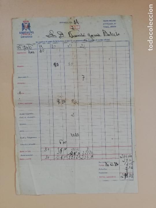 Facturas antiguas: FACTURA. GRAN HOTEL IGNACIO. SANTANDER, 1970. - Foto 1