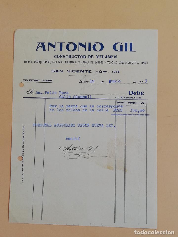 Facturas antiguas: FACTURA. CONSTRUCTOR DE VELAMEN. ANTONIO GIL. SEVILLA, 1933. - Foto 1