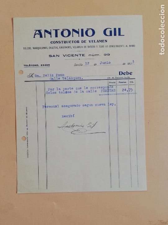 Facturas antiguas: FACTURA. CONSTRUCTOR DE VELAMEN. ANTONIO GIL. SEVILLA, 1933. - Foto 1
