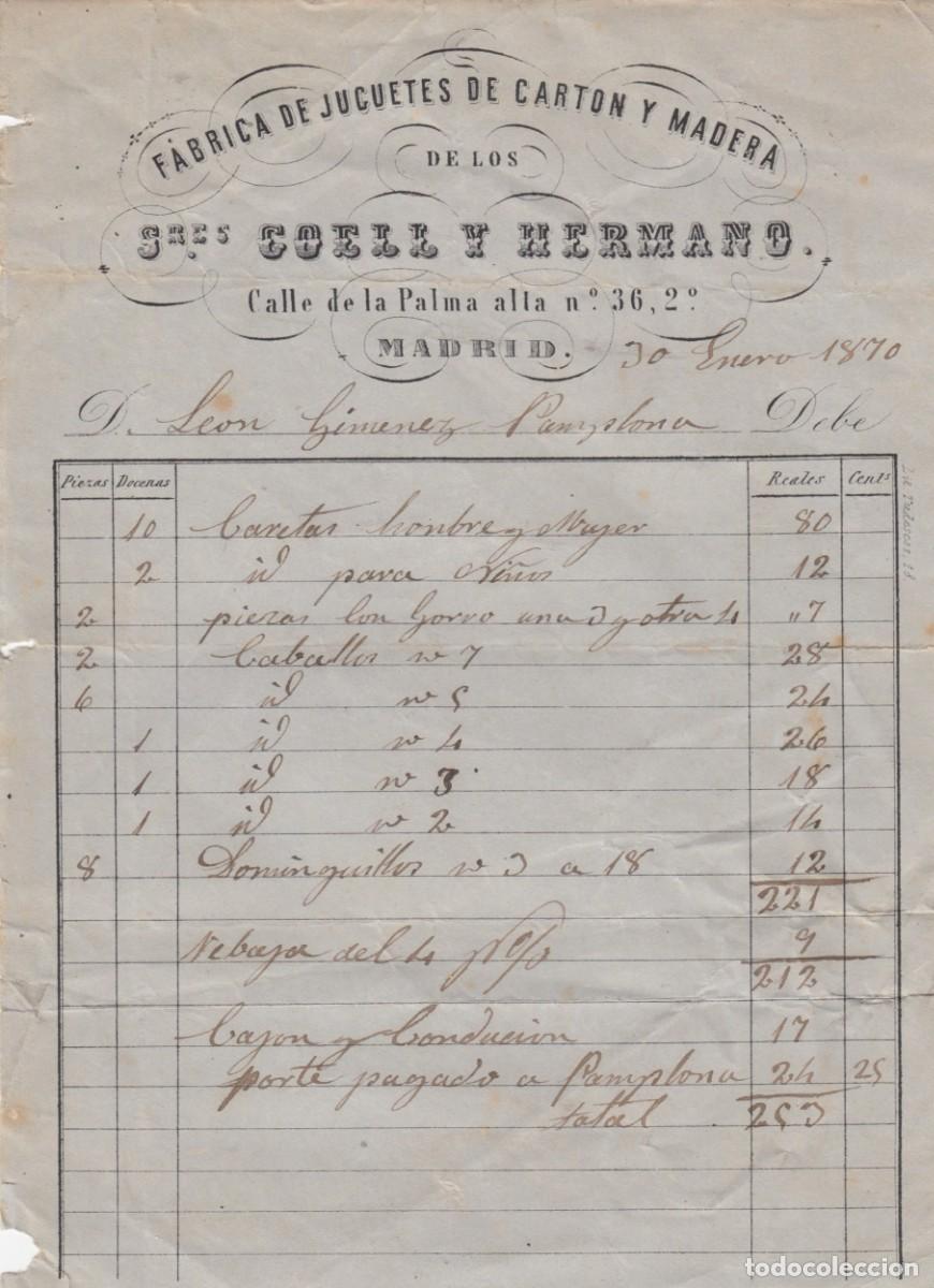 Facturas antiguas: FACTURA F&Aacute;BRICA DE JUGUETES DE CART&Oacute;N Y MADERA DE COELL Y HERMANO. CALLE DE LA PALMA. MADRID. 1870
