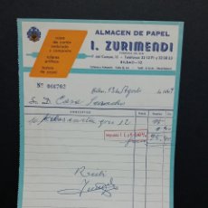 Facturas antiguas: FACTURA. I.ZURIMENDI - ALMACEN DE PAPEL. BILBAO 1969