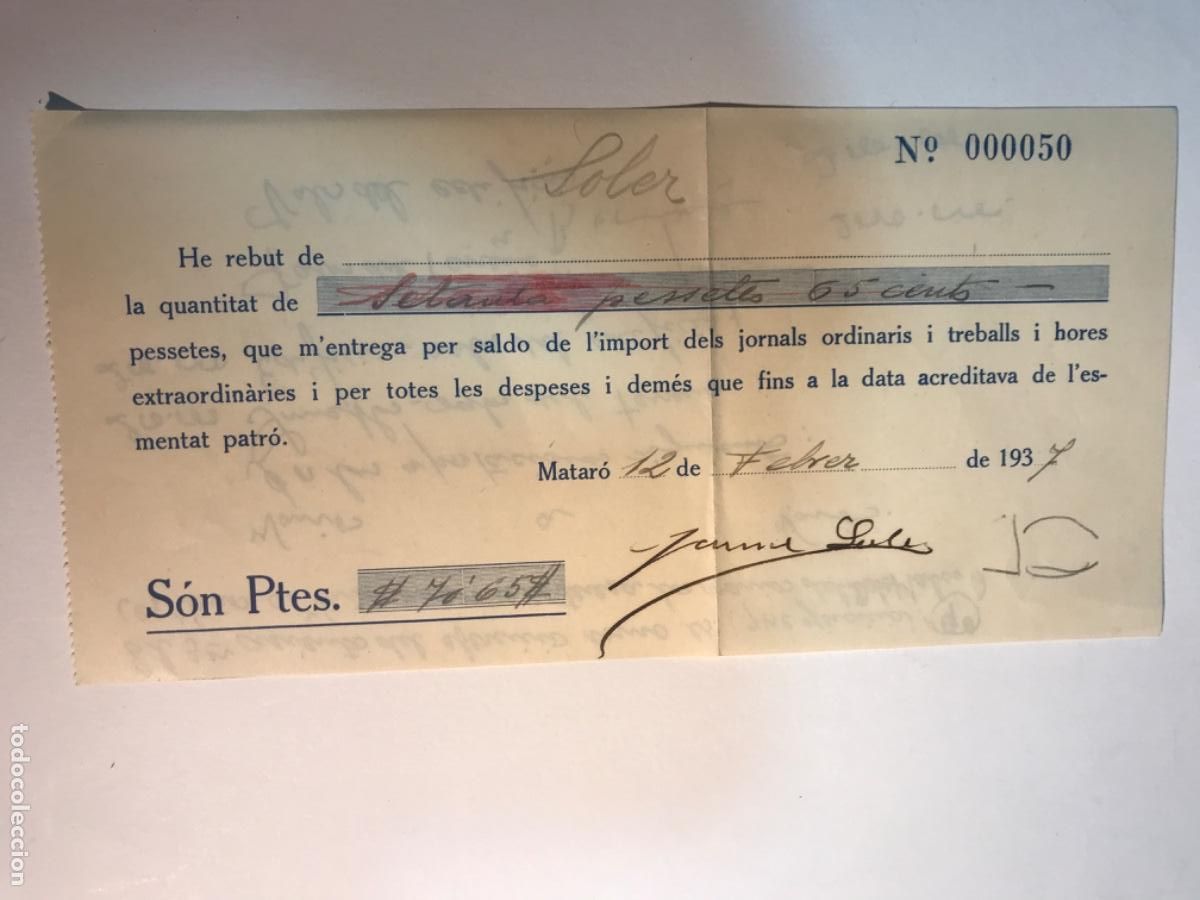 Facturas antiguas: RECIBO. Rebut, Soler. Matar&oacute;, 1937 - Foto 1