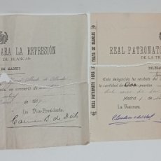 Facturas antiguas: REAL PATRONATO PARA LA REPRESIÓN DE LA TRATA DE BLANCAS. DELEGACIÓN DE MADRID. RECIBO. 1917 Y 1919