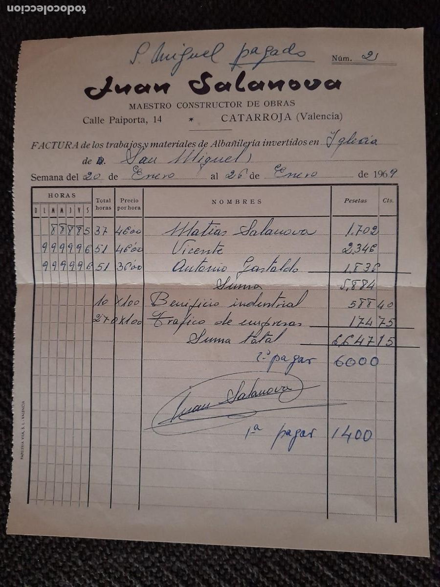 Facturas antiguas: 1969 CATARROJA (VALENCIA) JUAN SALANOVA MAESTRO CONSTRUCTOR DE OBRAS - Foto 1