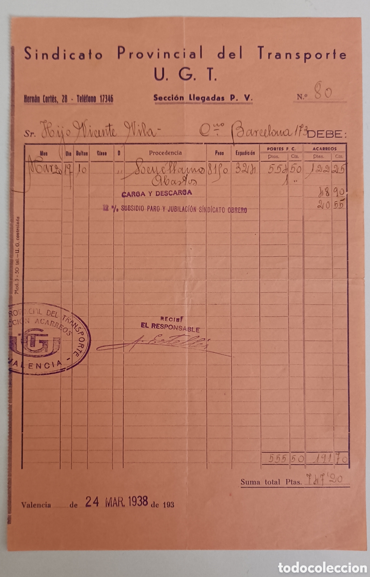 Facturas antiguas: VALENCIA. SINDICATO PROVINCIAL TRANSPORTE. UGT. NOTA 1938
