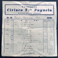 Facturas antiguas: SALAS ALTAS AÑO 1936 / CIRIACO PUYUELO - COMERCIO / VENTA Y TRUEQUE DE PRODUCTOS / HUESCA