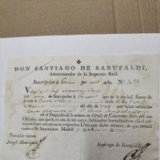 Fatture antiche: RECIBO, SUSCRIPCIÓN A GACETA POR 1AÑO 1793. FIRMA DE SANTIAGO DE BARUFALDI.