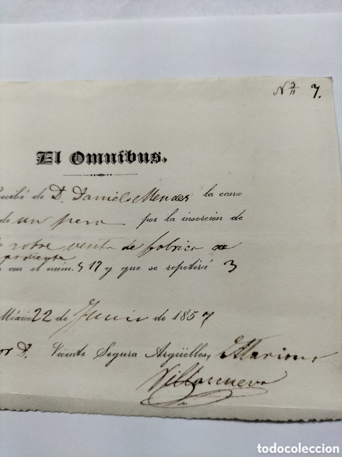 Facturas antiguas: M&eacute;xico. Recibo de El Omnibus. 22 Junio 1857. - Foto 2