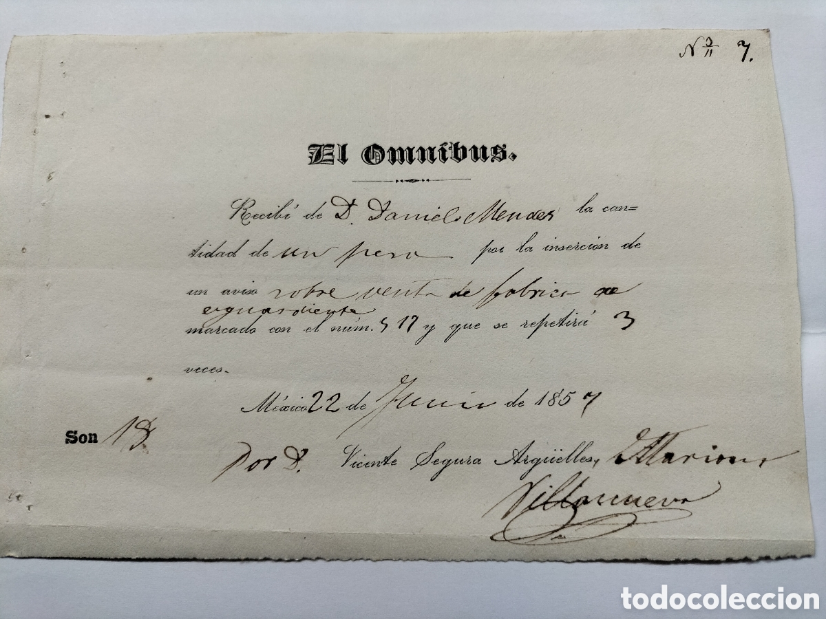 Facturas antiguas: M&eacute;xico. Recibo de El Omnibus. 22 Junio 1857. - Foto 1