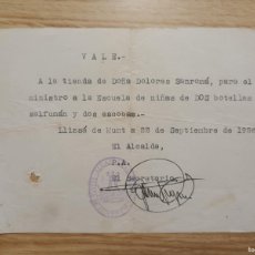 Facturas antiguas: VALE TIENDA DOLORES SANROMA, SUMINISTRO ESCUELA NIÑAS LLISSA DE MUNT 1956. FIRMA ALCALDE