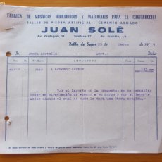 Facturas antiguas: FACTURA 1959 FABRICA DE MOSAICOS HIDRAULICOS Y CONSTRUCCIÓN. JUAN SOLE POBLA DE SEGUR LERIDA