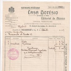 Facturas antiguas: FACTURA. SOCIEDAD ANÓNIMA CASA DOSITEO. EDITORIAL DE MÚSICA. PIANOS. VALLADOLID, 1915
