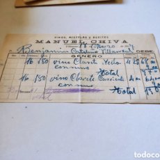 Facturas antiguas: RECIBO FACTURA DE MANUEL CHIVA , VINOS,MISTELAS Y ACEITES, VILLARREAL 1927
