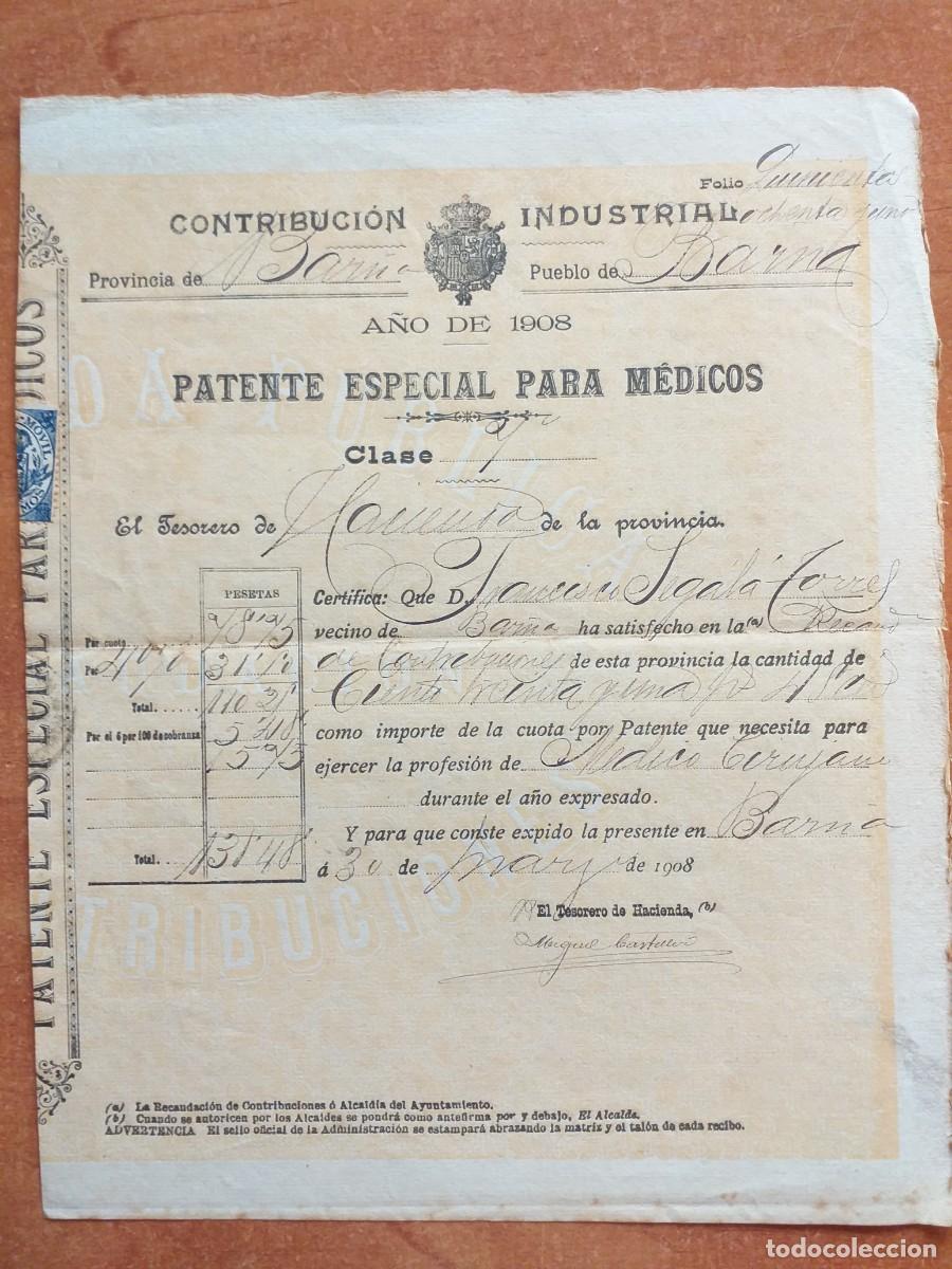 Facturas antiguas: 1908 - DOCUMENTO RECIBO DE ABONO CONTRIBUCI&Oacute;N INSDUSTRIAL - Foto 1