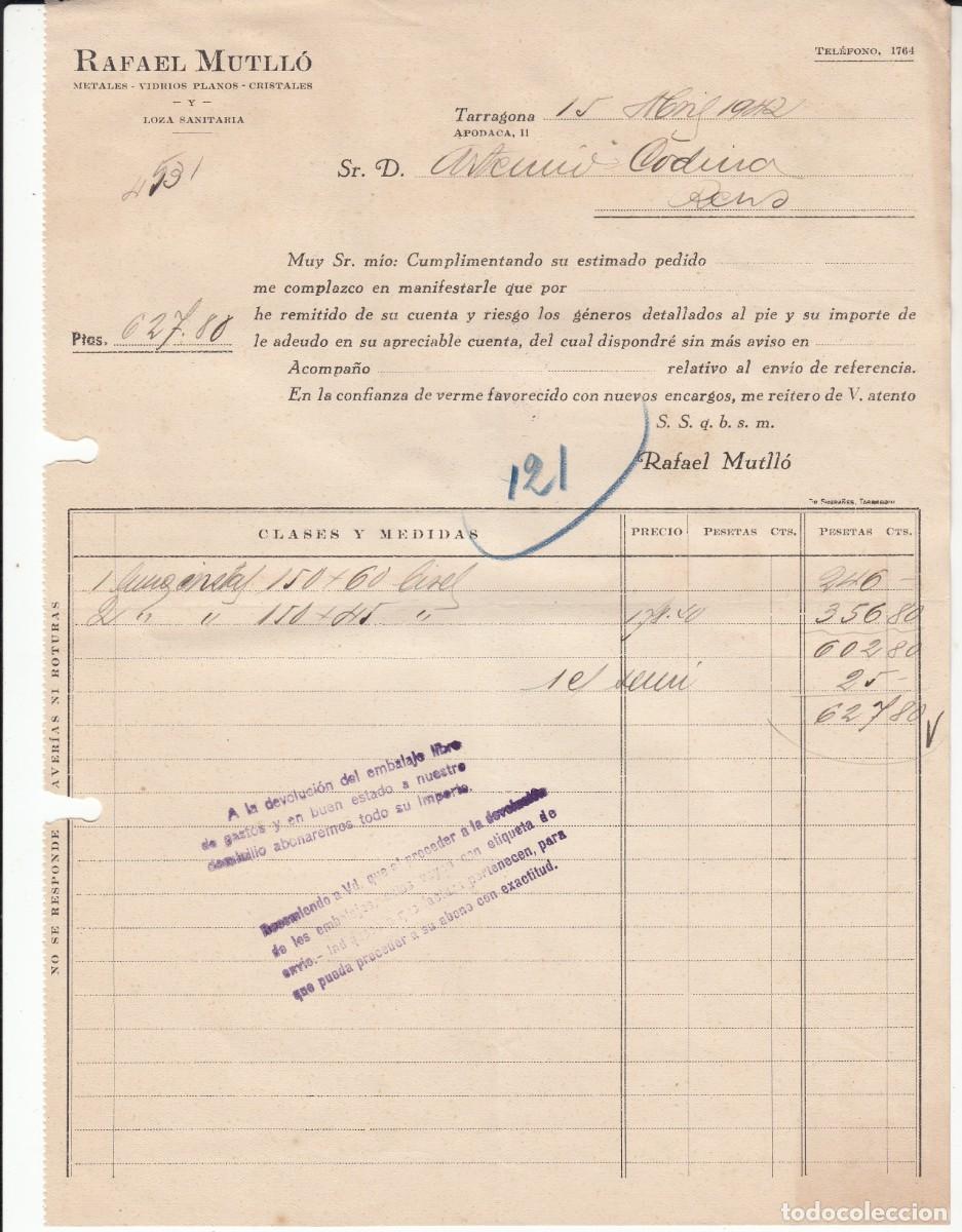 Facturas antiguas: FACTURA COMERCIAL DE RAFAEL MUTLL&Oacute; EN TARRAGONA - Foto 1