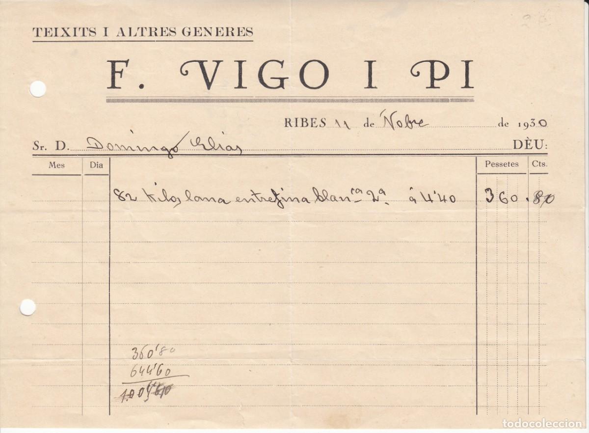 Facturas antiguas: FACTURA COMERCIAL DE TEIXITS F.VIGO I PI EN RIBES