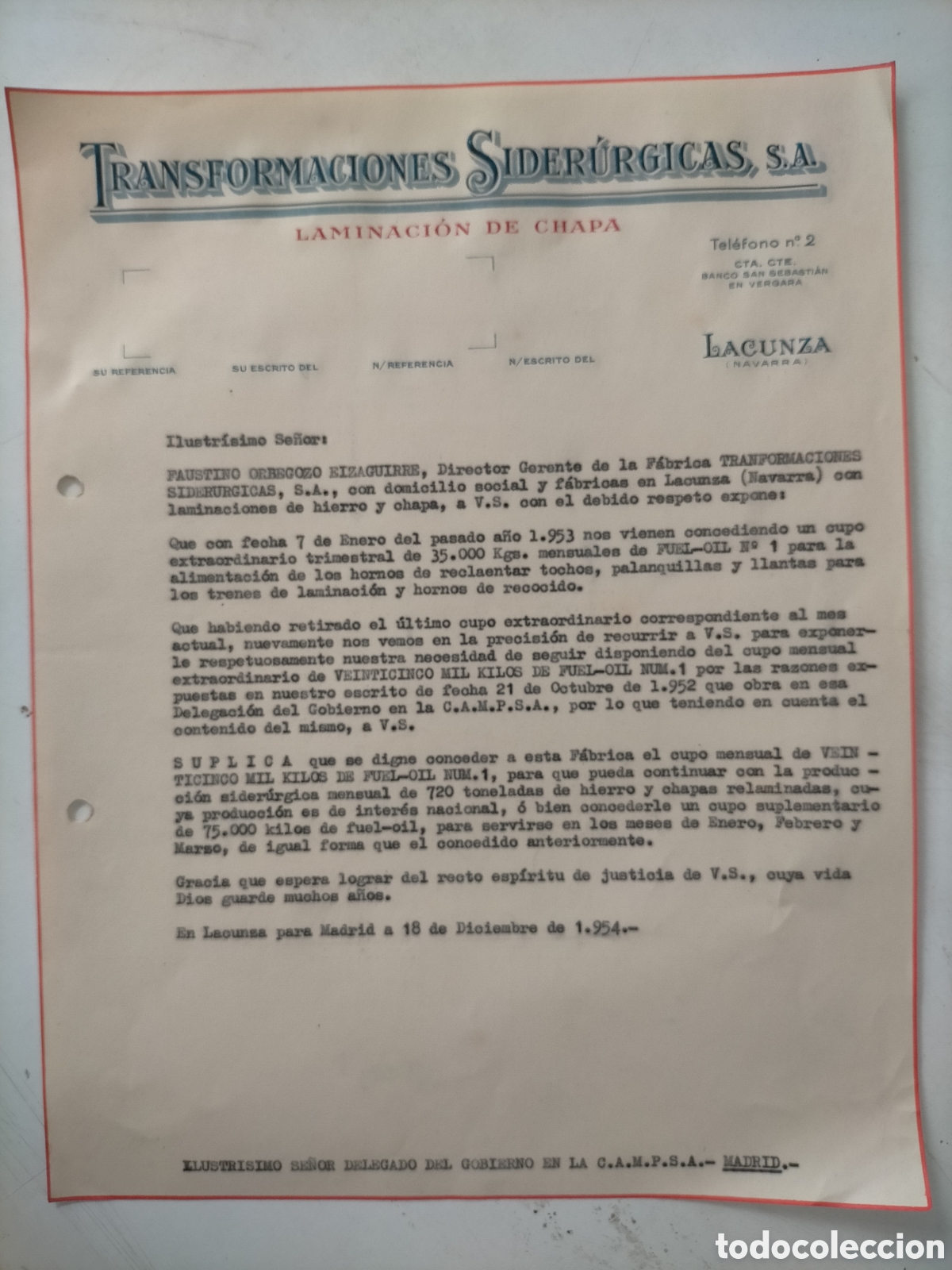 Facturas antiguas: Transformaciones Sider&uacute;rgicas S.A. Lacunza. 1954 - Foto 1