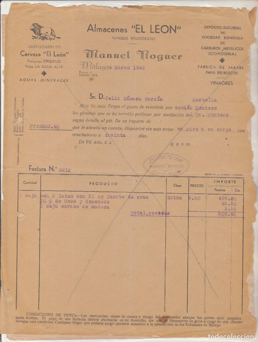 Facturas antiguas: FACTURA. ALMACENES EL LEON- M&Agrave;LAGA. 1942 - Foto 1