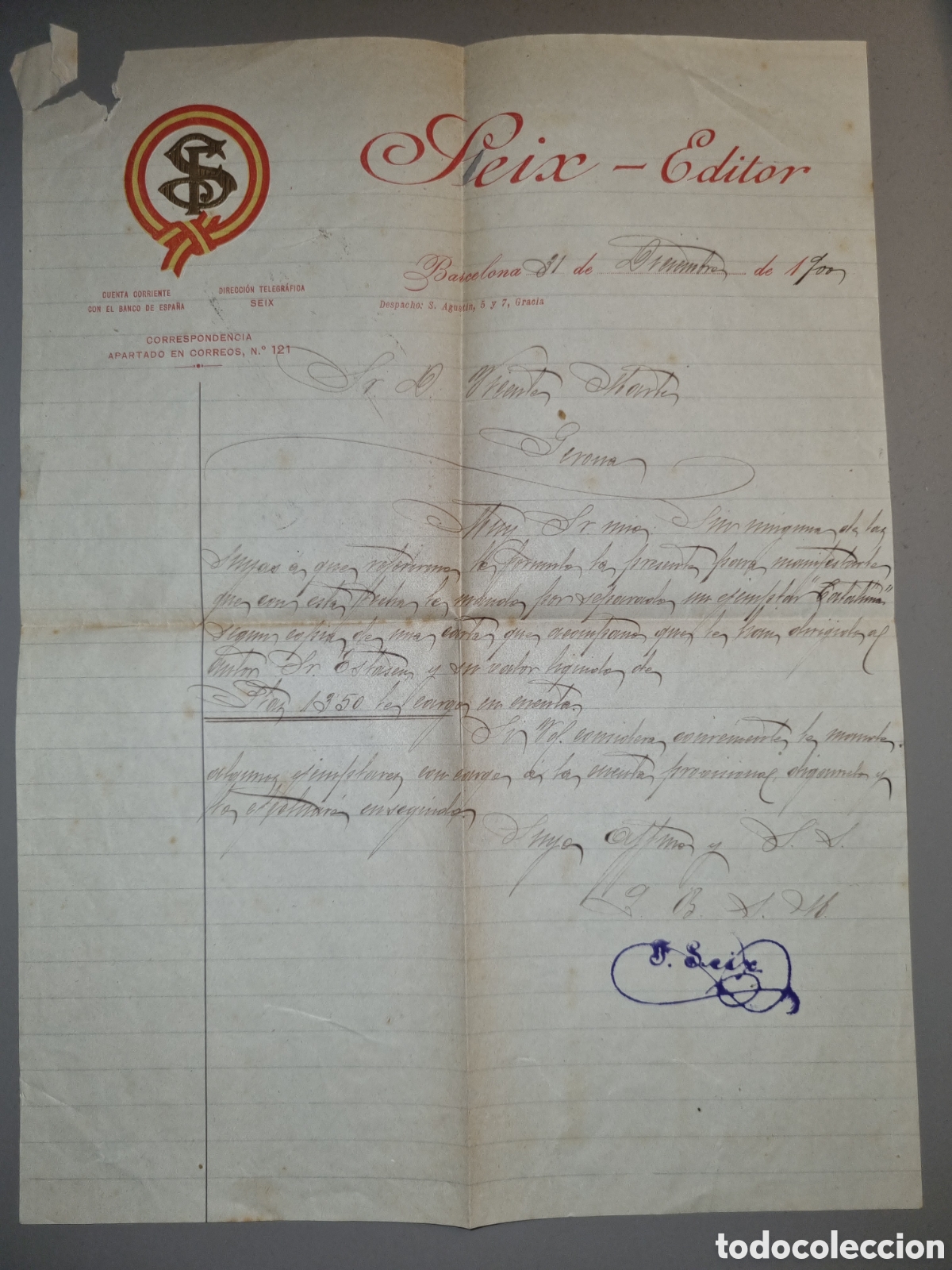 Facturas antiguas: 1900. Factura carta comercial Seix editor. - Foto 1
