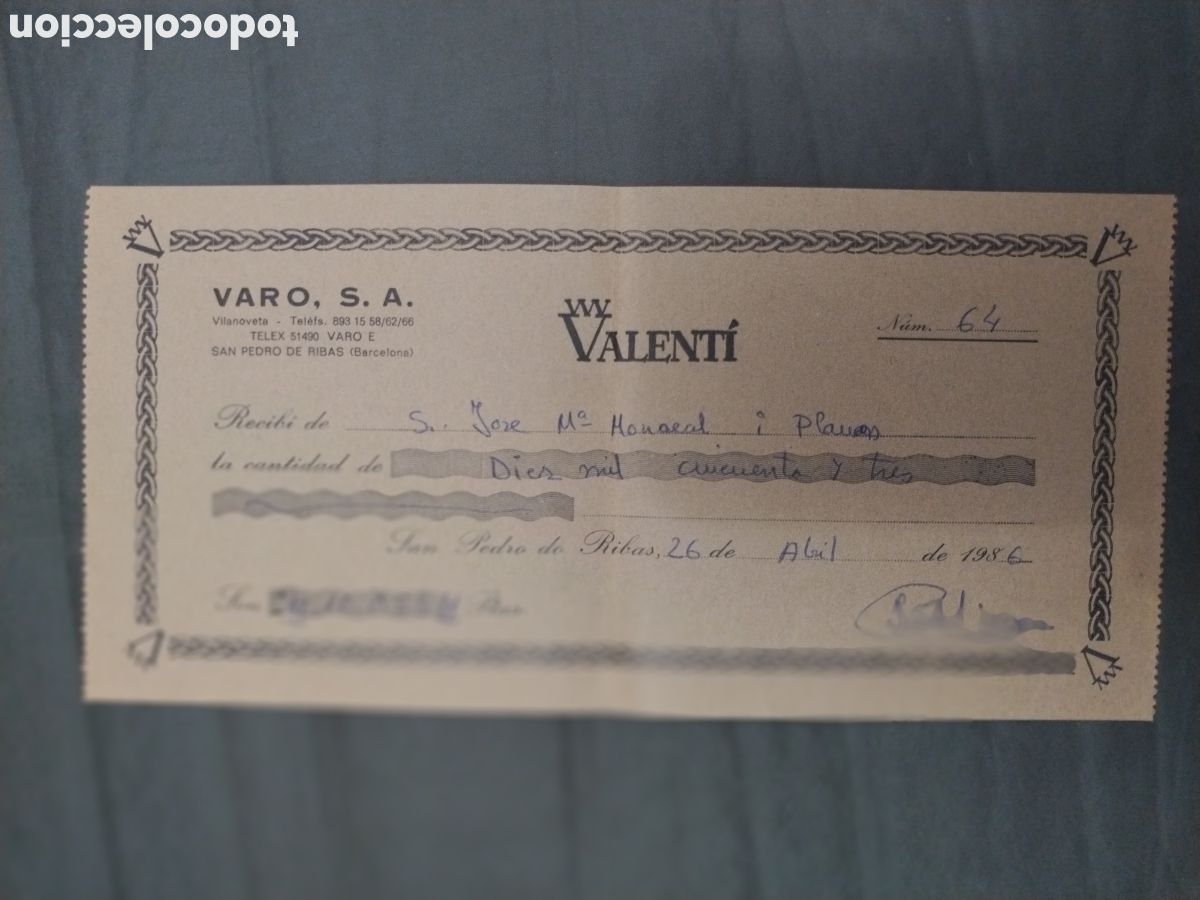 Facturas antiguas: RECIBO &rdquo;VALENTI&rdquo; del a&ntilde;o 1986 - Foto 1